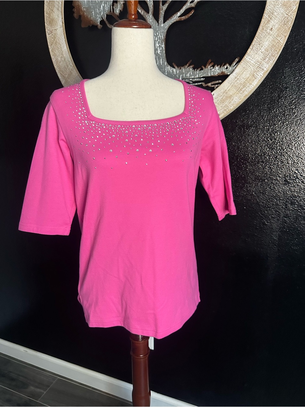 Christine Alexander Hot Pink Square Neck Short Sleeve Top with Rhinestones